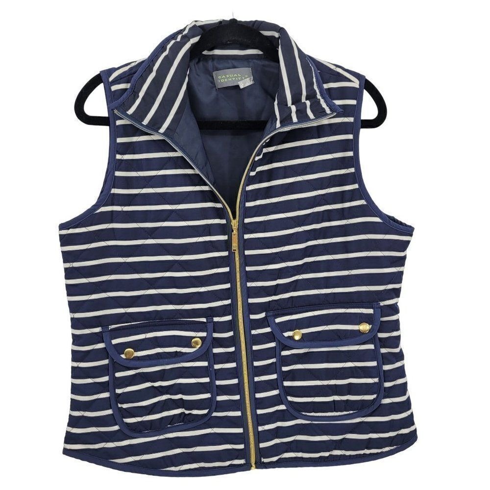 Nautical Quilted Vest Petite Sz M Blue White Striped Zip Preppy Coastal Grandma